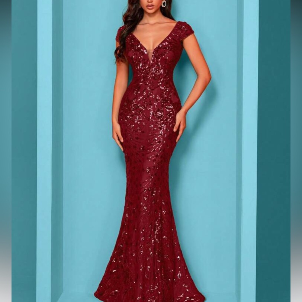 Elegant Burgundy Sequin Evening Gown